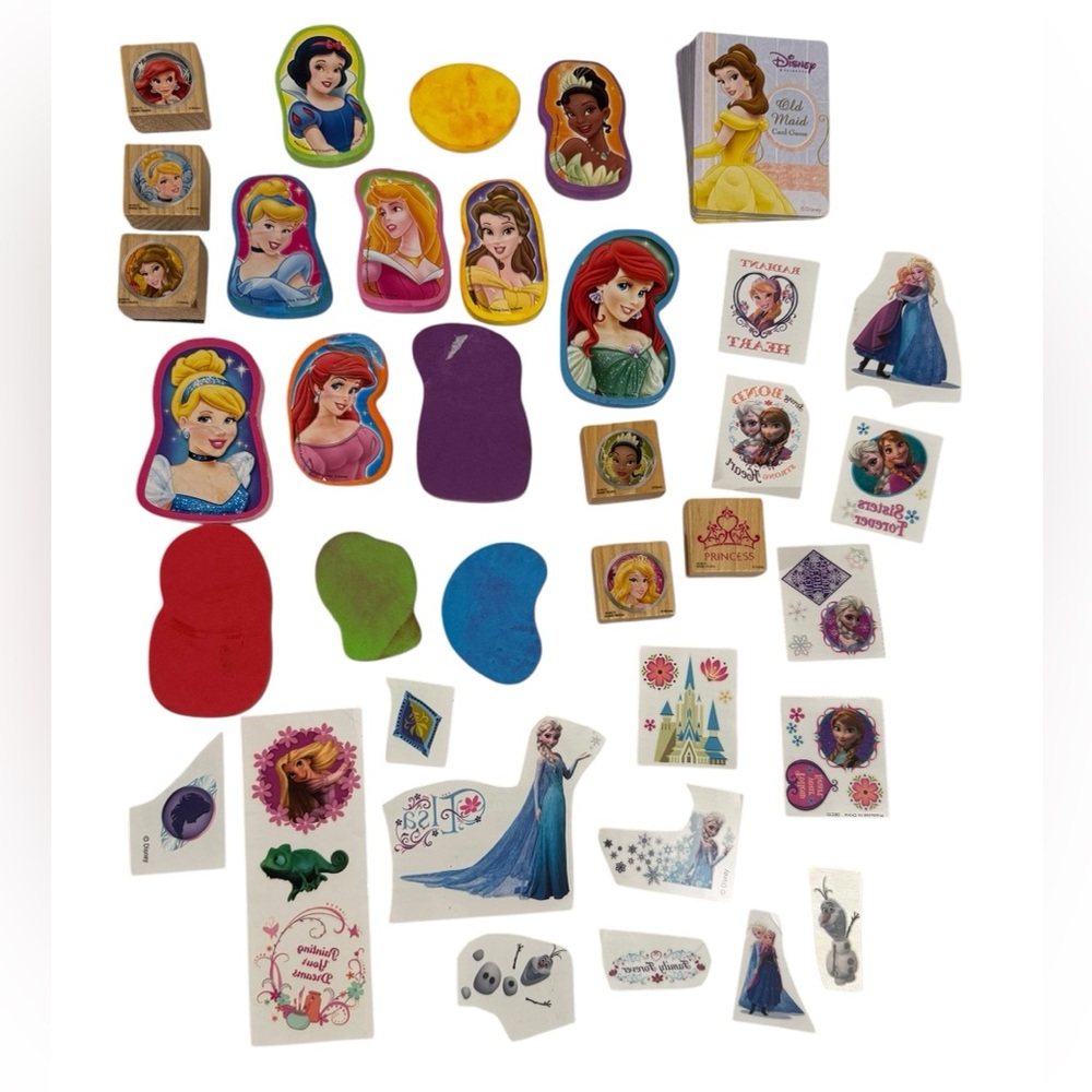 Disney Princess bundle rubber & wooden stamps, tattoos & Old Maid card game